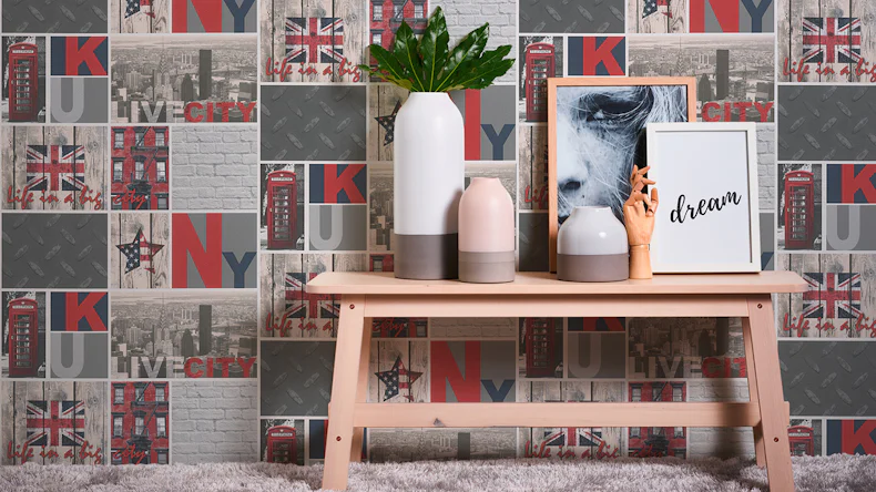 Carta da parati di carta Ragazzi e ragazze 6 A.S. Création carta da parati moderna per bambini adolescenti New York e Londra beige grigio colorato 961