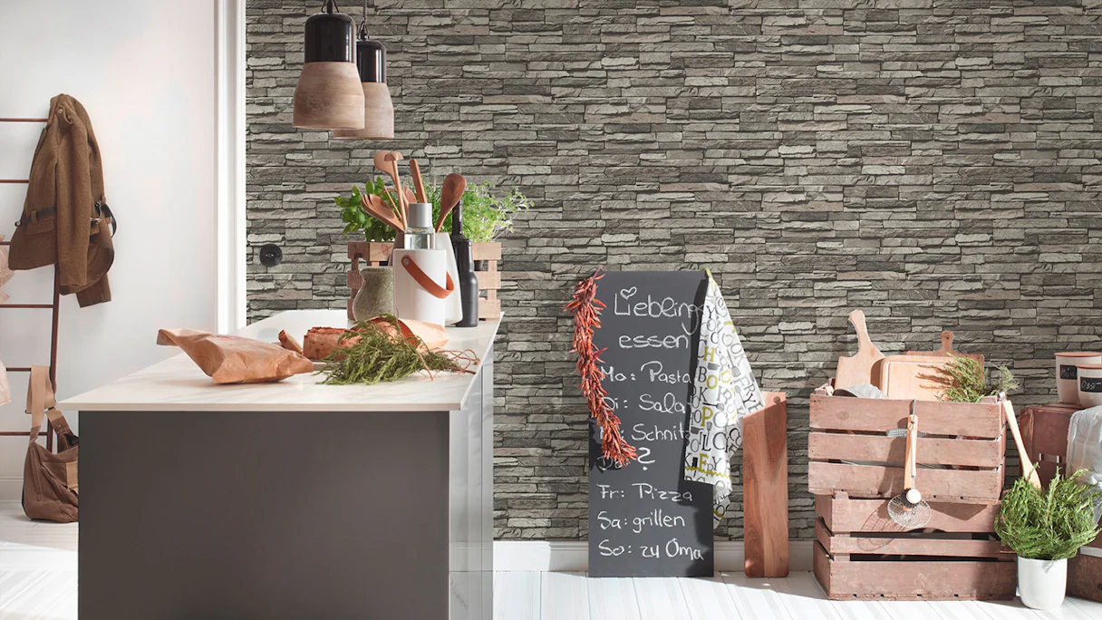 Vinyl wallpaper Best of Wood`n Stone 2nd Edition A.S. Création stone wall cream grey black 331