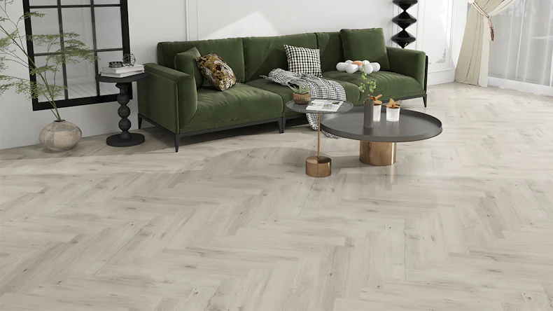 planeo Vinyle à clic rigide - SolutionX 2in1 arête de poisson Chêne gris clair | Isolation phonique intégrée (ECF-HB-3855)