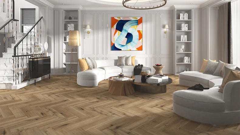 planeo Vinyle à clipser rigide - SolutionX 2en1 arête de poisson Chêne brun naturel | Isolation phonique intégrée (ECF-HB-3955)