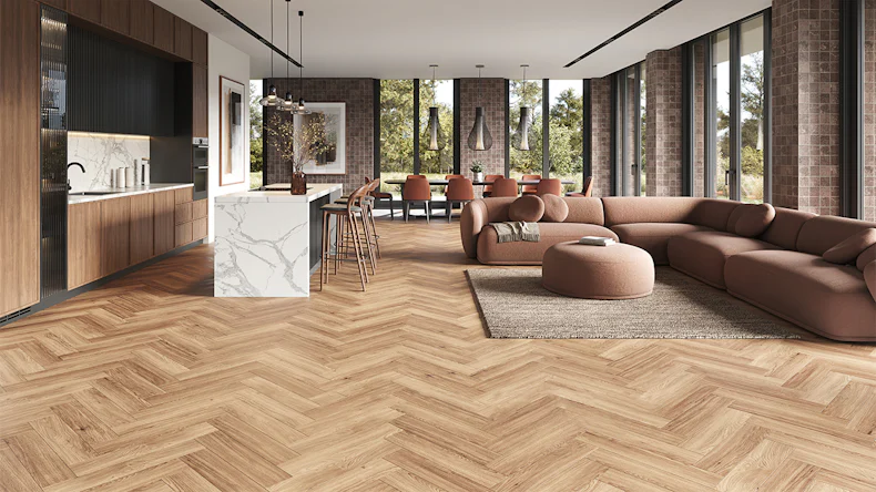 planeo Vinyle à clipser rigide - SolutionX 2in1 arête de poisson Chêne brun clair | Isolation phonique intégrée (ECF-HB-4955)