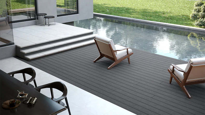 planeo CoEXWood Lame de terrasse WPC massif enrobé - gris anthracite/gris brun 3m structuré