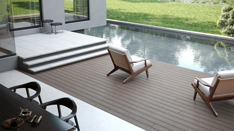 planeo CoEXWood WPC set completo di listoni massicci 3,6 m (34,93 m²) - grigio/cemento strutturato