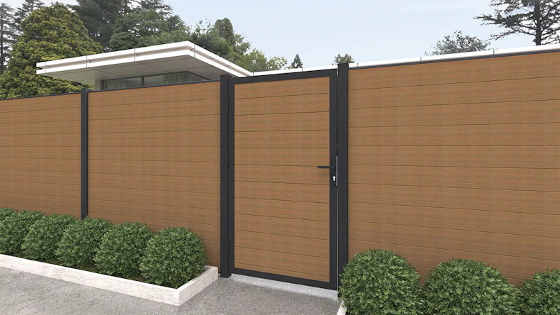 planeo INFINITY - WPC CoEx universal door Burma teak with anthracite aluminium frame 100 x 180 cm