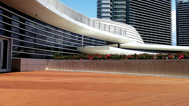 Komplett-Set planeo Holzterrasse 1.85m Massivdiele Bambus Hell glatt/genutet