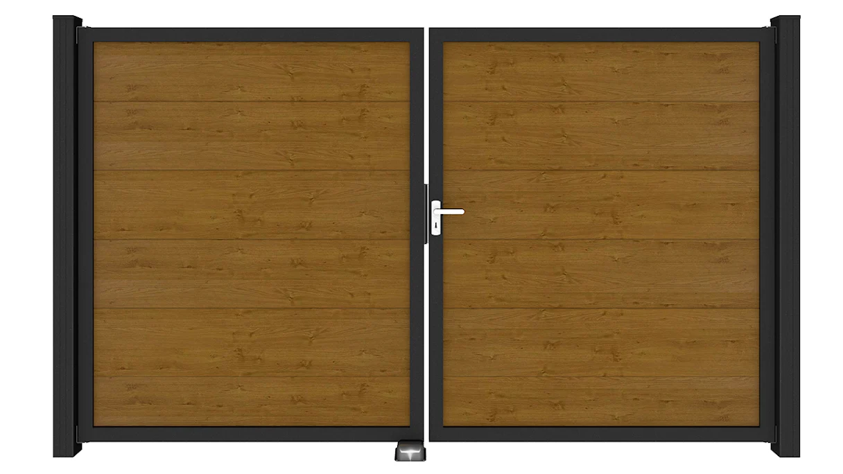 planeo Basic - PVC plug-in fence universal gate 2-leaf natural aspen oak with aluminium frame in anthracite | DB703 300 x 180 cm