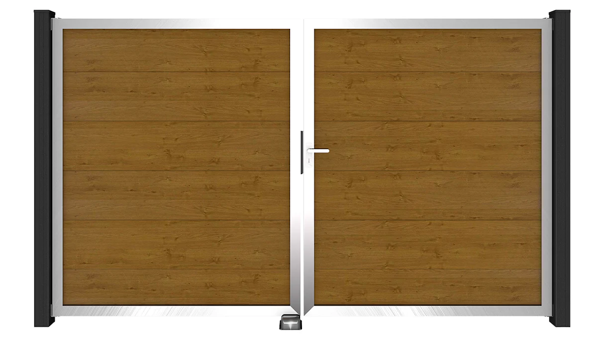 planeo Basic - PVC plug-in fence universal gate 2-leaf natural aspen oak with aluminium frame in silver | EV1 300 x 180 cm