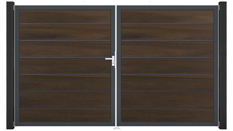 planeo Gardence Deluxe - BPC-Tor - DIN Links 2-flügelig Walnuss co-ex mit Anthrazit-Alurahmen