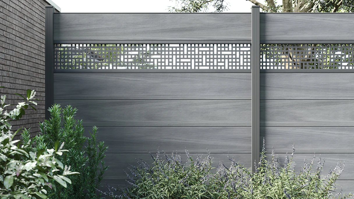 planeo Clôture WPC Gardence XL - Shady Grey co-ex incl. insert design au choix 180 x 180 cm