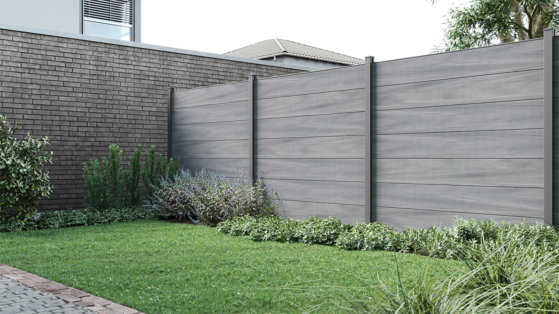 planeo Gardence recinzione in WPC XL - Shady Grey co-ex senza o con inserto di design selezione 180 x 180 cm