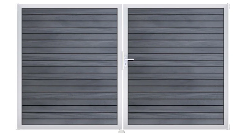 planeo Gardence Trendy - Porte composite en rhombe - DIN droite 2 vantaux gris pierre co-ex avec cadre aluminium argenté