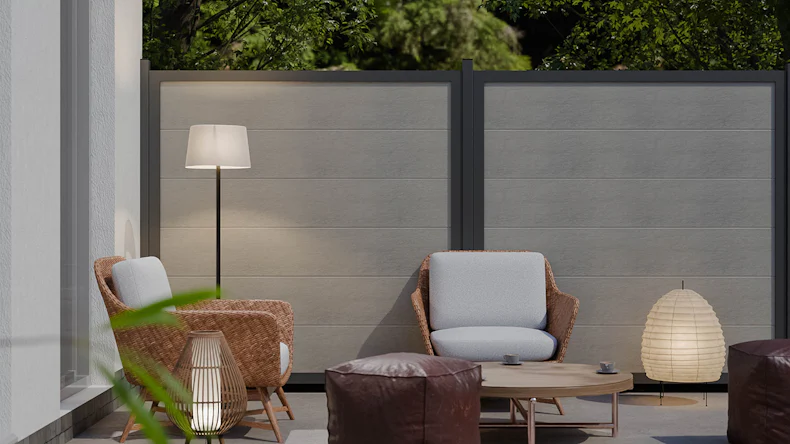 planeo Gardence Guard - Recinzione in BPC quadrata Bicolore Sabbia con telaio in alluminio antracite