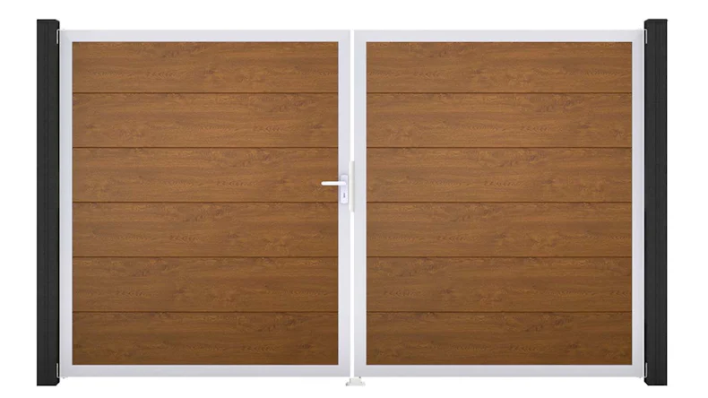 planeo Gardence Simply - Porte PVC DIN gauche 2 vantaux Golden Oak avec cadre en aluminium argenté