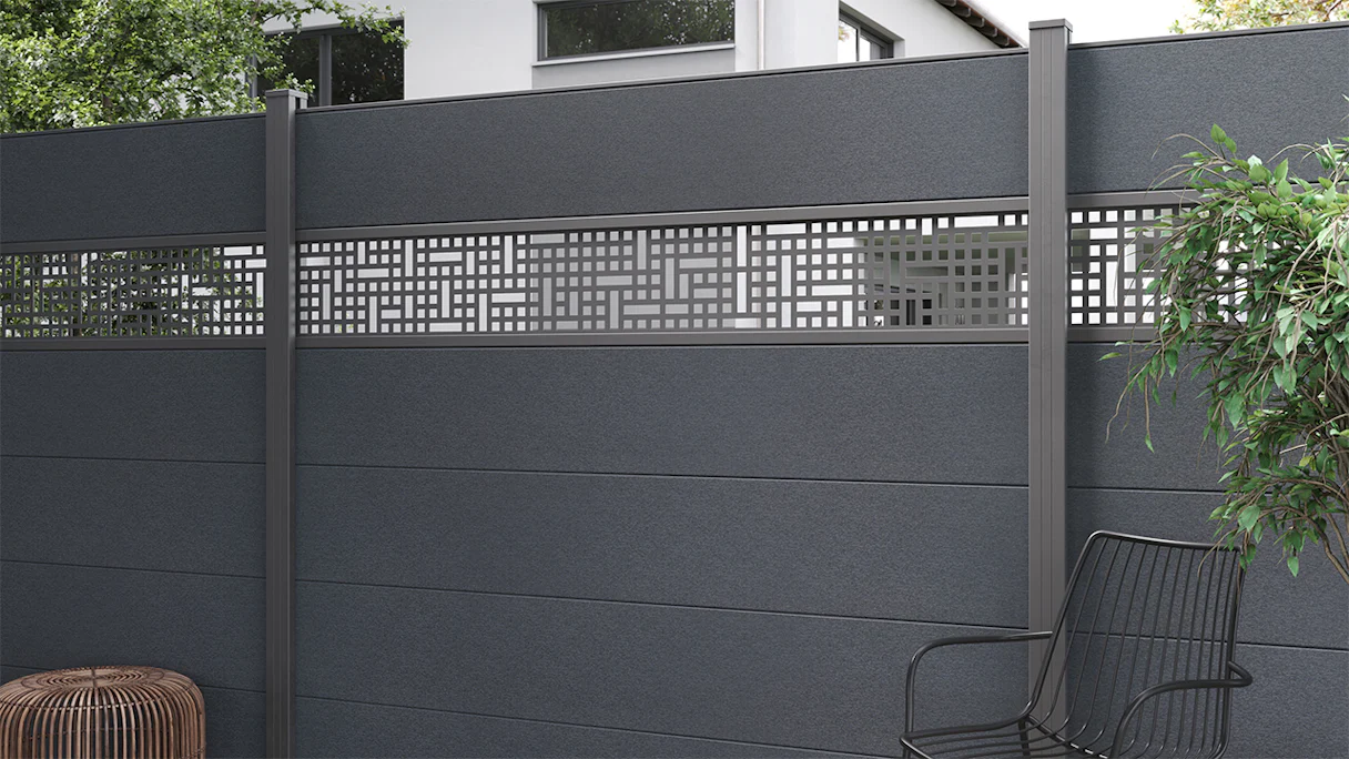 recinzione a innesto planeo Gardence in PVC - Anthracite incl. inserto design a scelta 180 x 180 cm