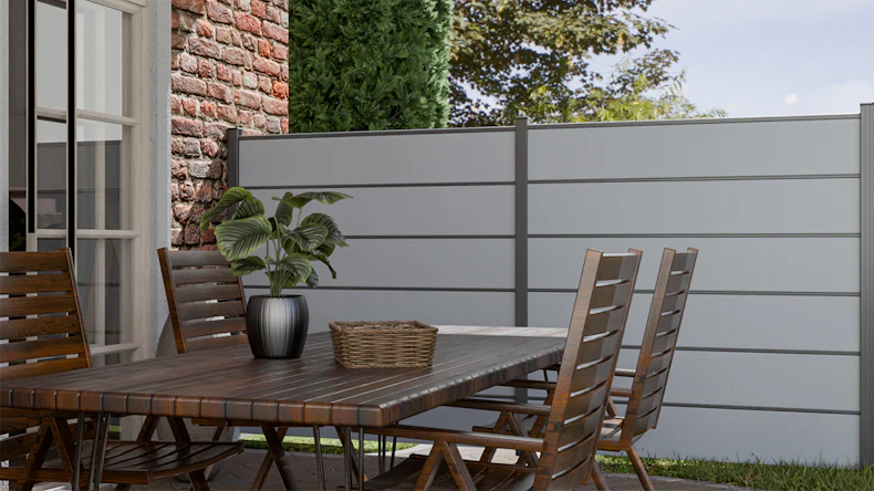 planeo Gardence Simply Premium - recinzione a innesto in PVC grigio argento con listelli in antracite 180 x 180 cm