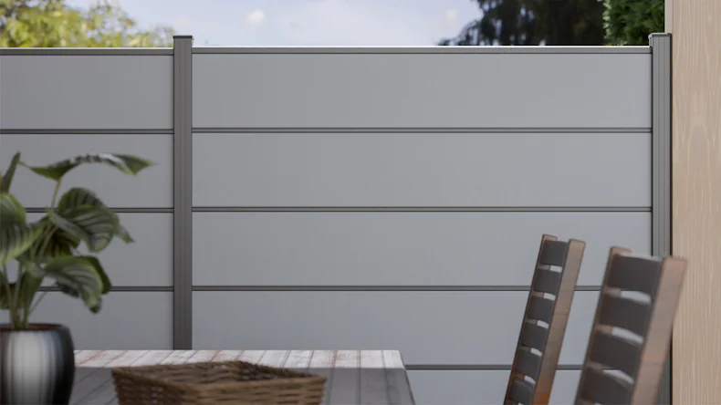 planeo Gardence Simply Premium - recinzione a innesto in PVC grigio argento con listelli in antracite 180 x 180 cm