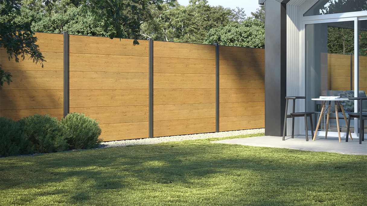 recinzione a innesto in PVC planeo Gardence - Natural Oak incl. inserto design a scelta 180 x 180 cm