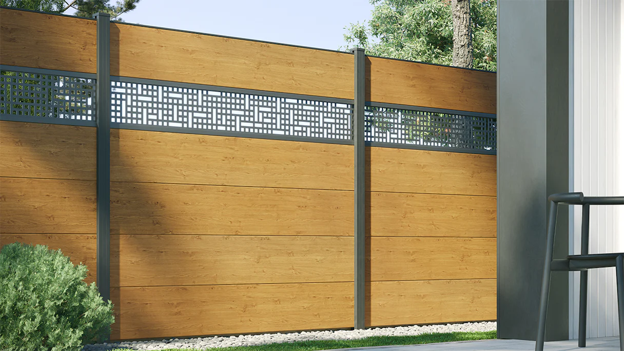 planeo Gardence Clôture PVC à emboîter - Natural Oak avec insert design au choix 180 x 180 cm