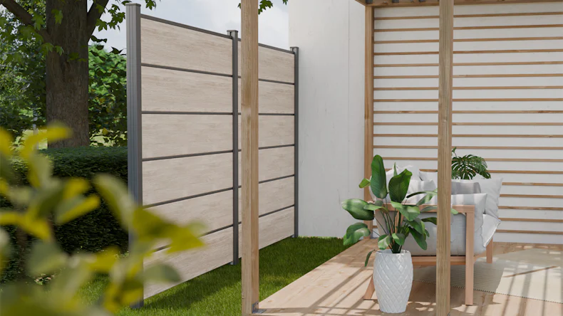 planeo Gardence Simply Premium - recinzione a innesto in PVC Sheffield Oak light con lesene in antracite 180 x 180 cm