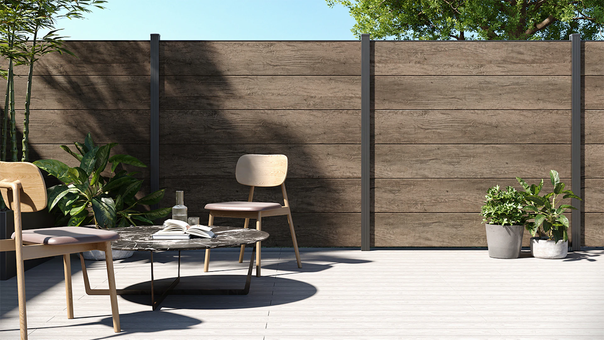 planeo Gardence Clôture PVC à emboîter - Grey-Brown Oak avec insert design au choix 180 x 180 cm