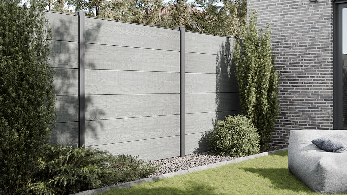 planeo Gardence Simply - PVC-Steckzaun Quadratisch Grey Ash Cut Oak 180 x 180 cm