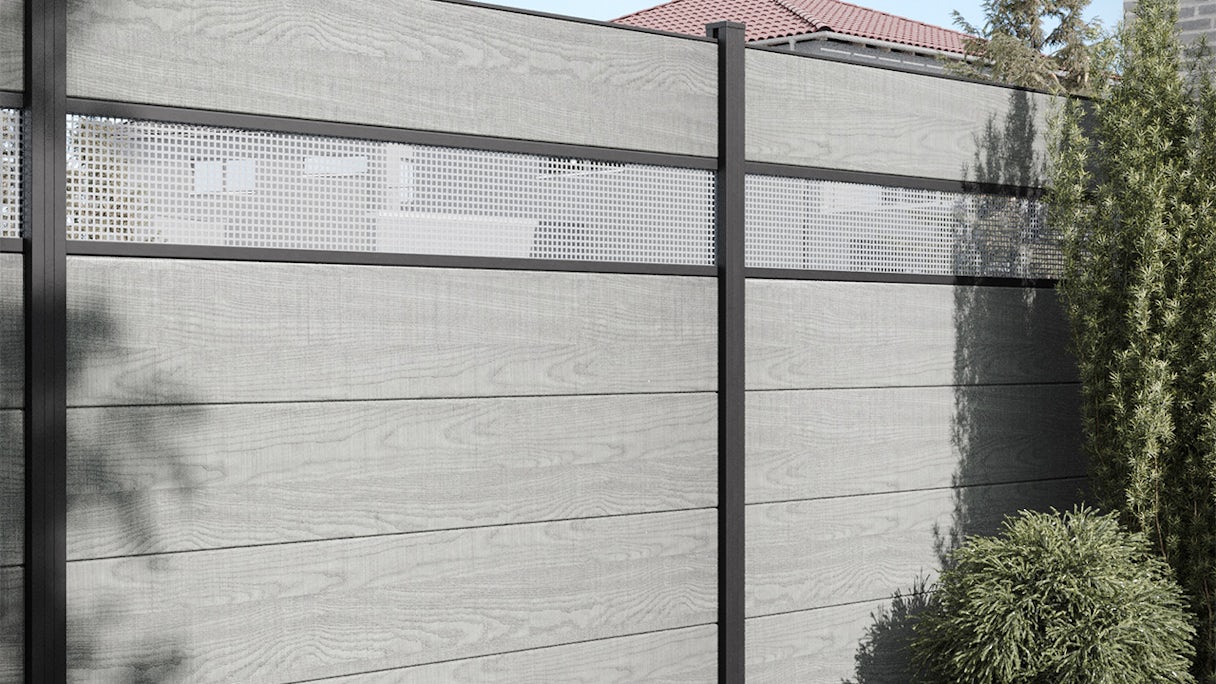 recinzione a innesto planeo Gardence in PVC - Ash Grey incl. inserto design a scelta 180 x 180 cm