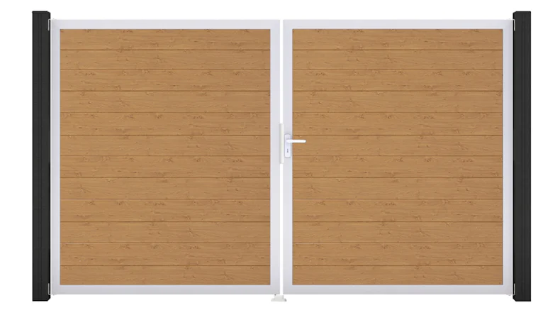 planeo Gardence Simply Small - Porte en PVC - DIN droite 2 vantaux chêne cendré naturel avec cadre aluminium argenté | EV1 300 x 180 cm