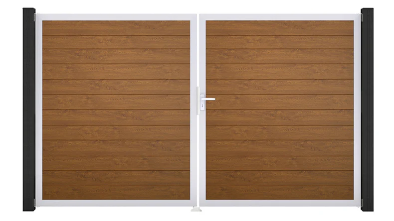 planeo Gardence Simply Small - Porte en PVC - DIN droite 2 vantaux Golden Oak avec cadre aluminium argent | EV1 300 x 180 cm