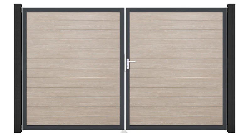 planeo Gardence Simply Small - Porte PVC - DIN droite 2 vantaux Sheffield Oak avec cadre alu anthracite | DB703 300 x 180 cm