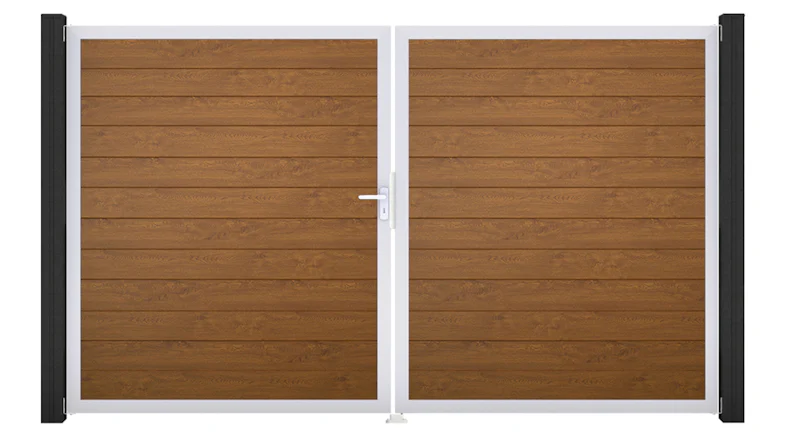 planeo Gardence Simply Small - Porte PVC - DIN gauche 2 vantaux Golden Oak avec cadre alu argent | EV1 300 x 180 cm