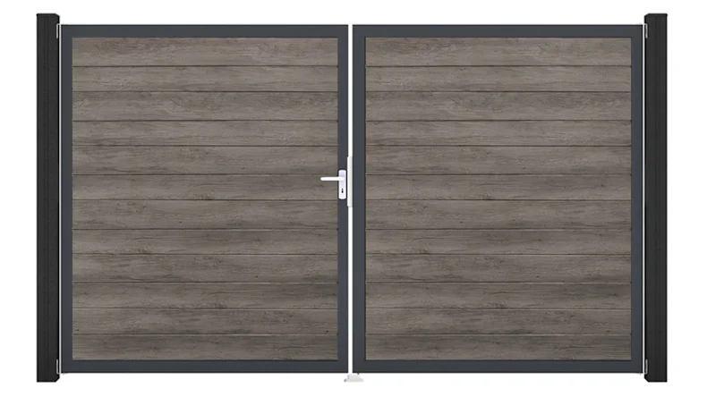 planeo Gardence Simply Small - Porte PVC - DIN gauche 2 vantaux Monument Oak avec cadre alu anthracite | DB703 300 x 180 cm