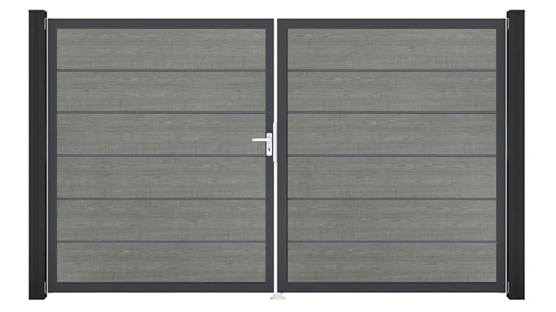 planeo Gardence Simply Premium - PVC-Tor - DIN Rechts 2-flügelig Grey Ash Cut mit Anthrazit-Alurahmen | DB703 300 x 180 cm