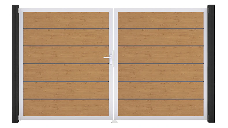 planeo Gardence Simply Premium - PVC door - DIN left 2-leaf natural knotty oak with silver aluminium frame | EV1 300 x 180 cm