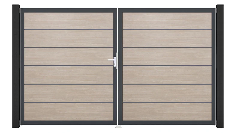 planeo Gardence Simply Premium - PVC-Tor - DIN Links 2-flügelig Sheffield Oak mit Anthrazit-Alurahmen | DB703 300 x 180 cm