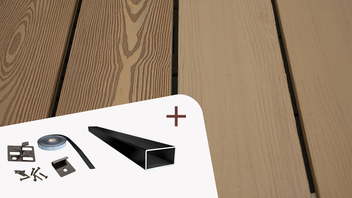 Komplett-Set planeo Elegant - Pro 3D 5m Massivdiele Holzstruktur Sinaieiche 50.4m² inkl. Alu-UK