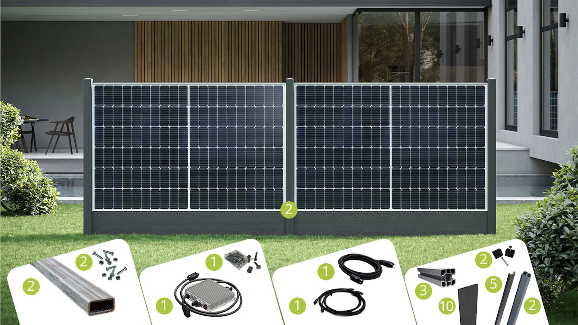 planeo Solarzaun Komplett Set 1.8m Höhe 3.8m Länge Anthrazitgrau 2x5m MC4-Kabel und 5m Schukokabel zum Einbetonieren 