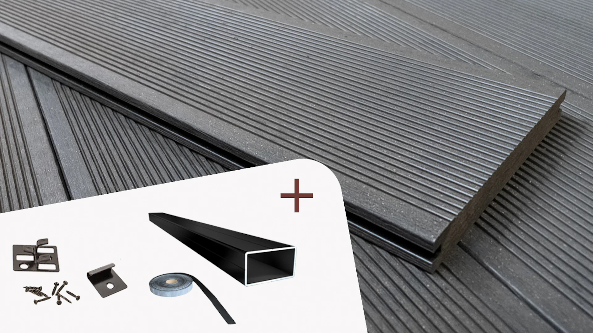 Complete set planeo ECO-Line 4m solid plank grooved structure dark grey 46.4m² incl. aluminium-UK