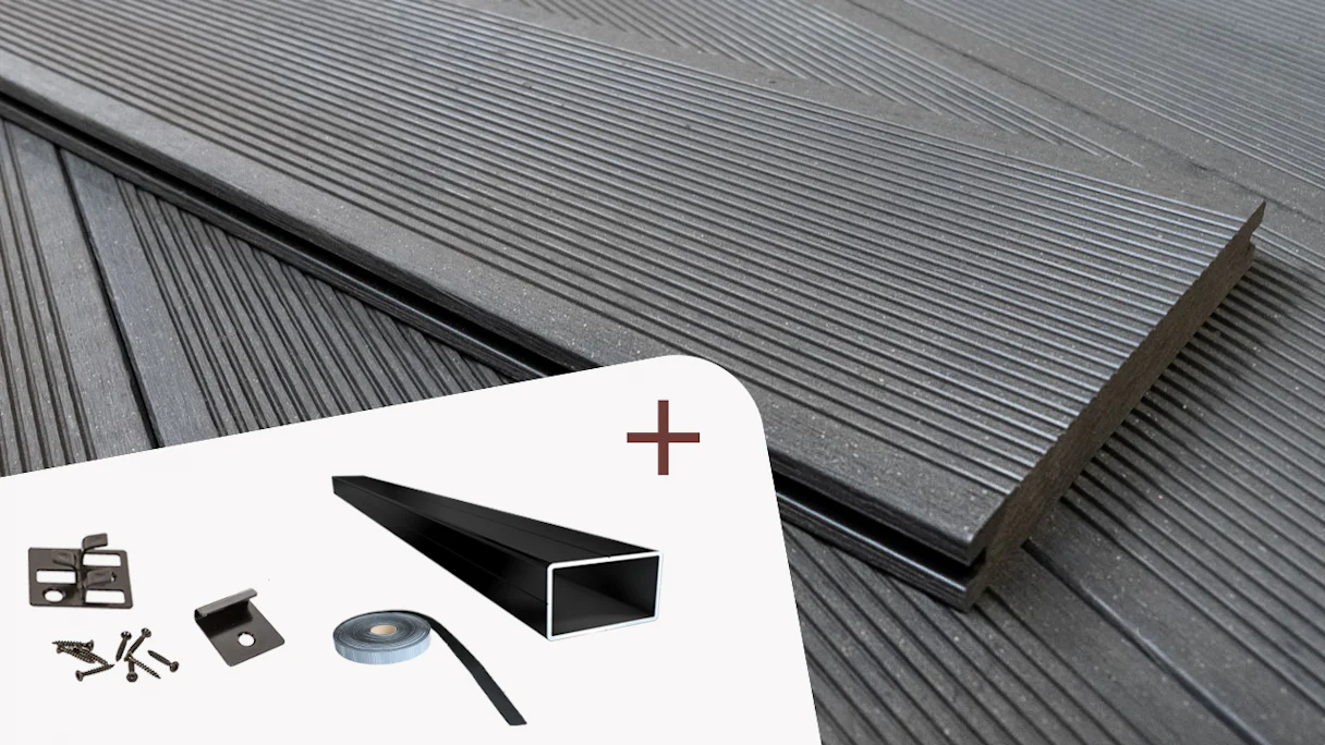 Complete set planeo ECO-Line 4m solid plank grooved structure dark grey 38m² incl. aluminium-UK
