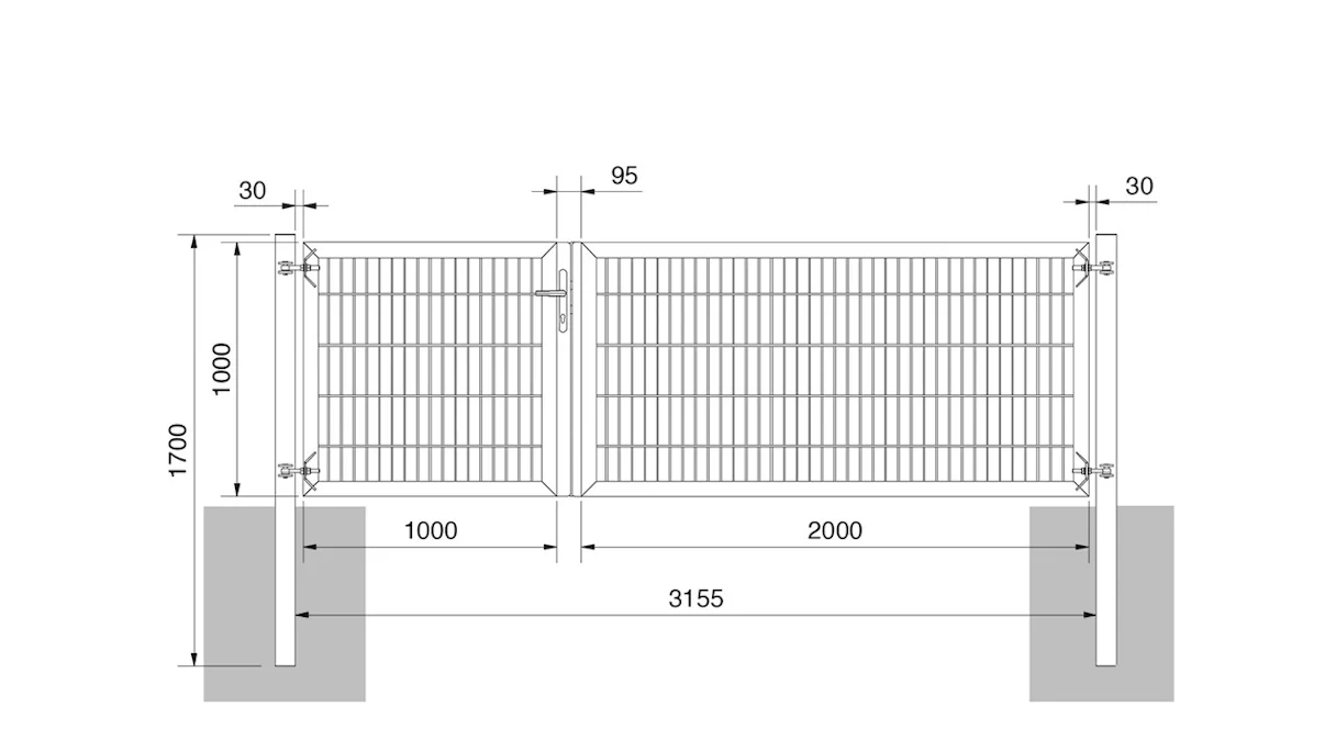 planeo universal door heavy 2-leaf asymmetric hot-dip galvanised H 1000 x W 3000 incl. gateposts