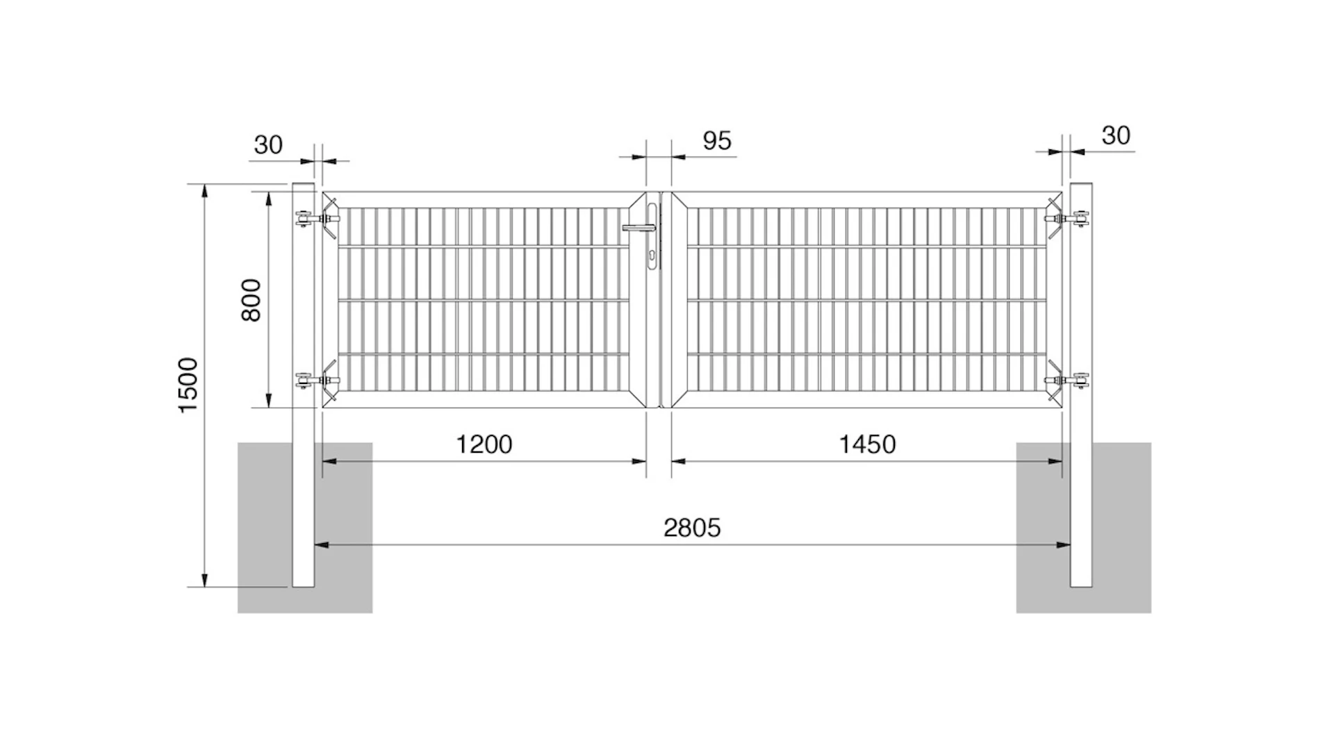 planeo universal door heavy 2-leaf asymmetric hot-dip galvanised H 800 x W 2650 incl. gateposts
